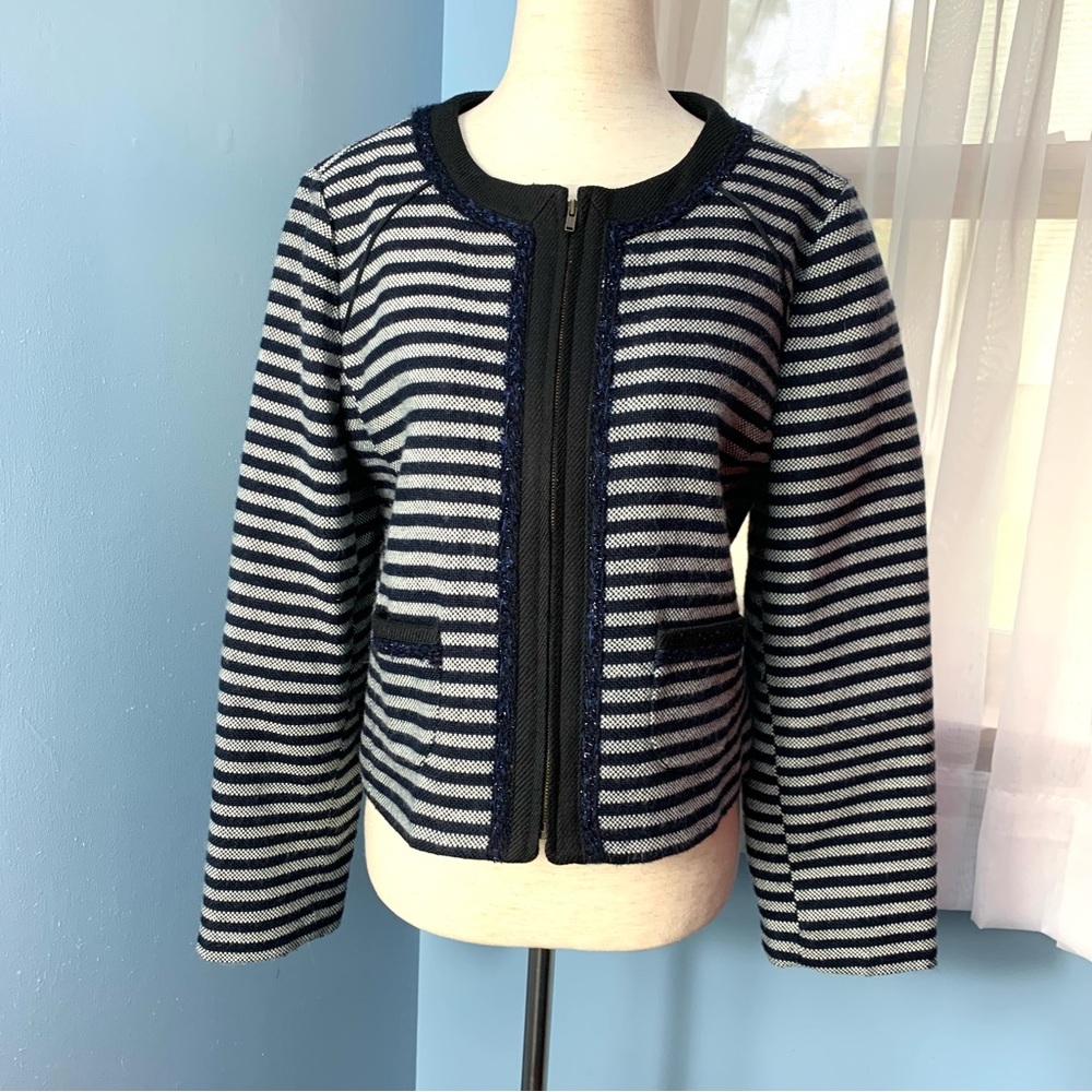 J. Crew Suiting Navy Striped Tweed Zip Front Cropped Jacket - Picture 8 of 11
